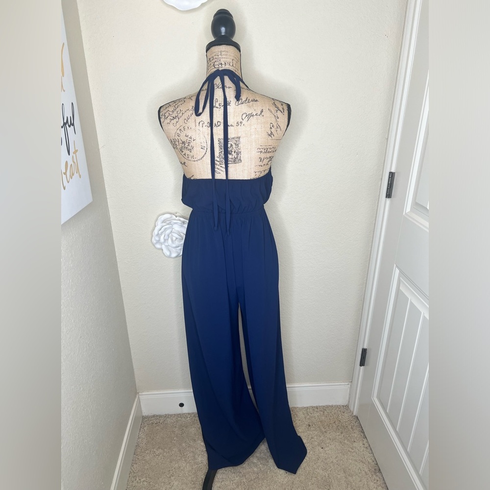NTM: Tyche Navy Halter Cutout Wide-Leg Jumpsuit Flowy Boho Wear One-Piece Size L - Picture 9 of 16